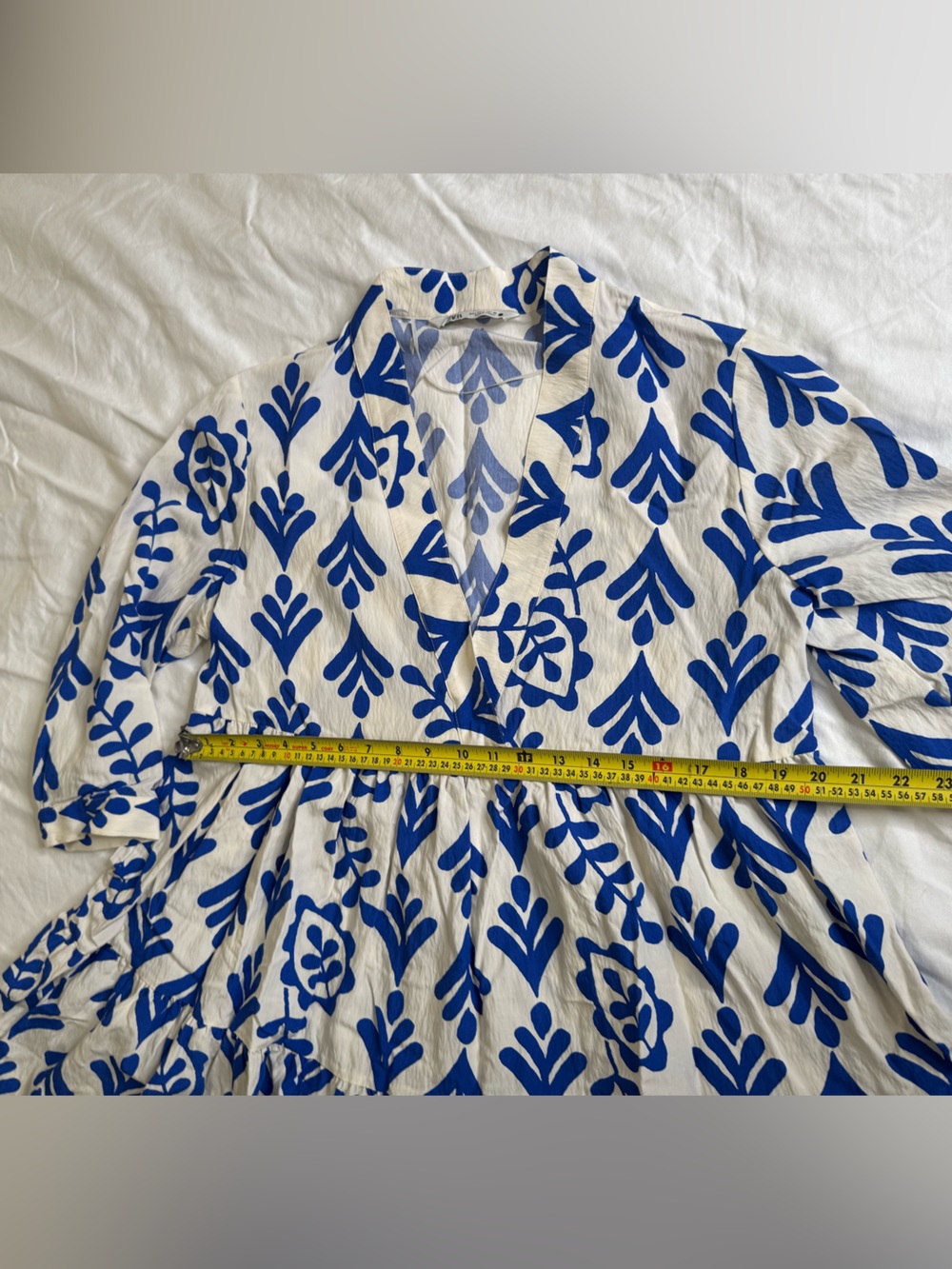 Zara Blue White Mediterranean Print Tiered Babydoll Dress M Coastal Resort - Picture 8 of 10
